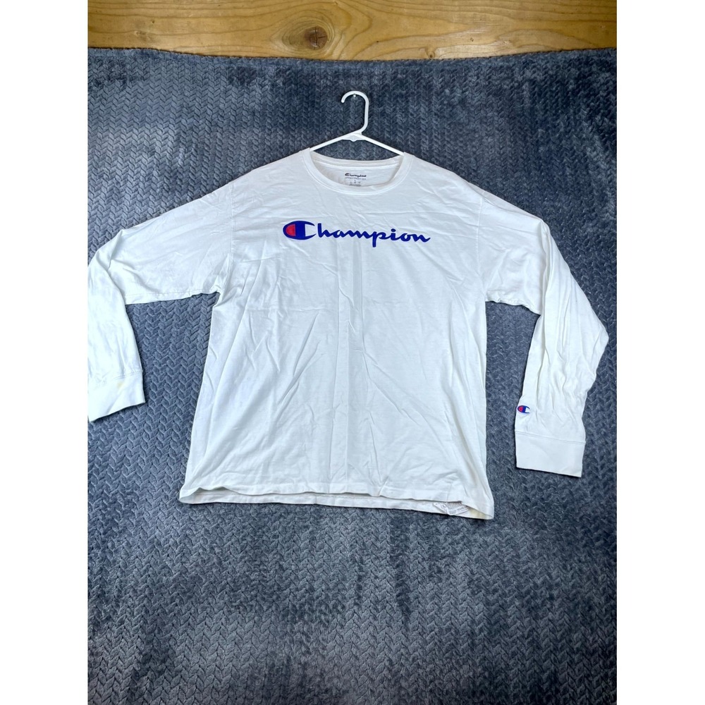 Champion Shirt Mens Large White Cotton Wordmark Logo Long Sleeve Crew Neck